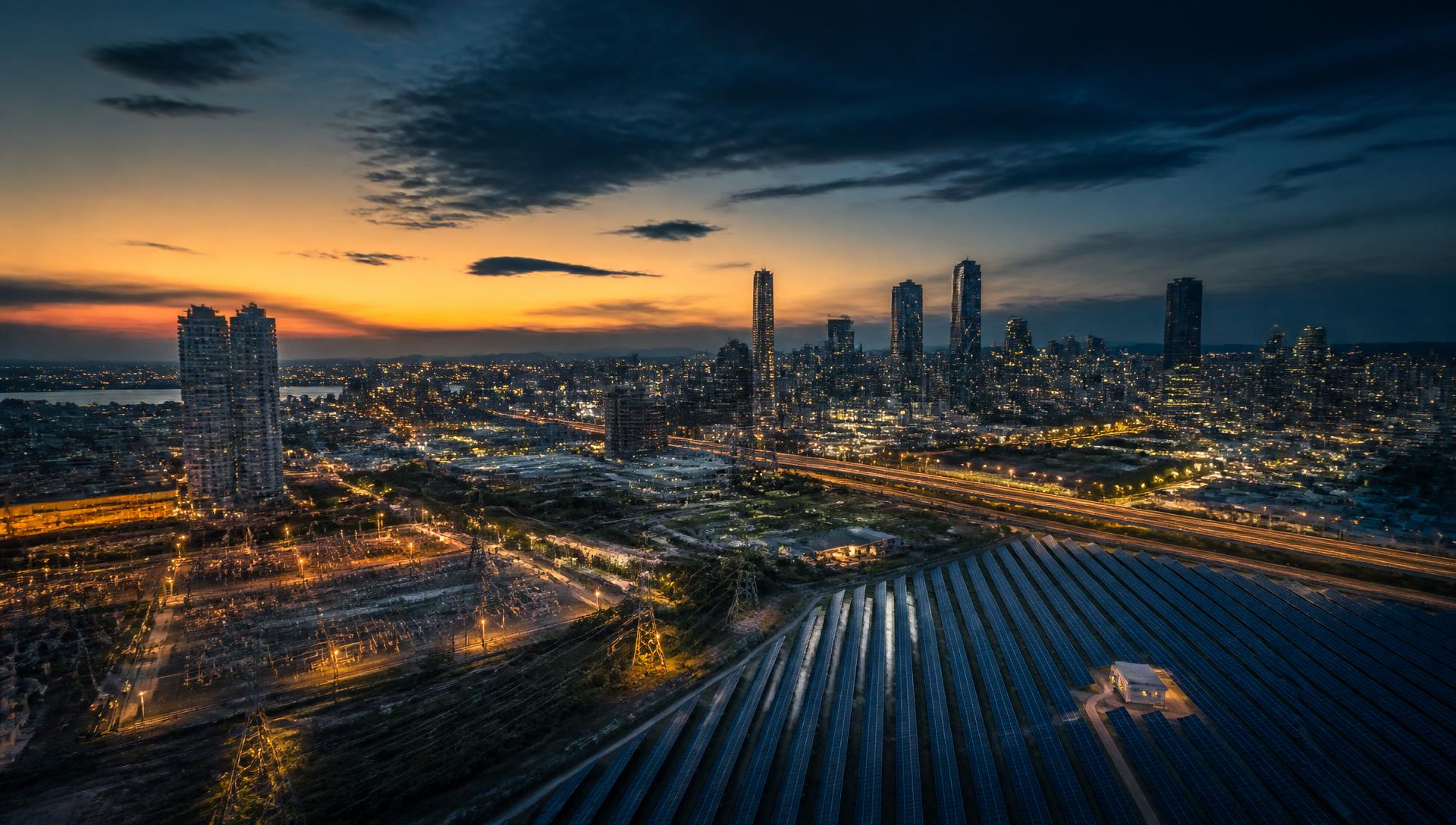 Aerial view of an African metropolis integrating industry, energy and housing at dusk